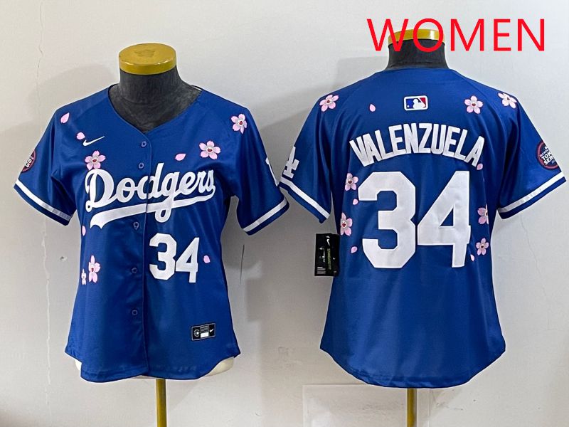 Women Los Angeles Dodgers #34 Valenzuela Blue Sakura Edition 2025 Nike MLB Jersey style 33